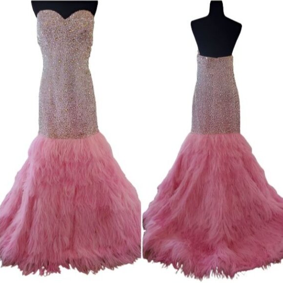 Couture Luxurious Ostrich Feathers Designer Embroidery Evening Prom Gown Dress - Picture 6 of 16